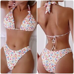 Multicolor Floral Halter High Cut Bikini Set